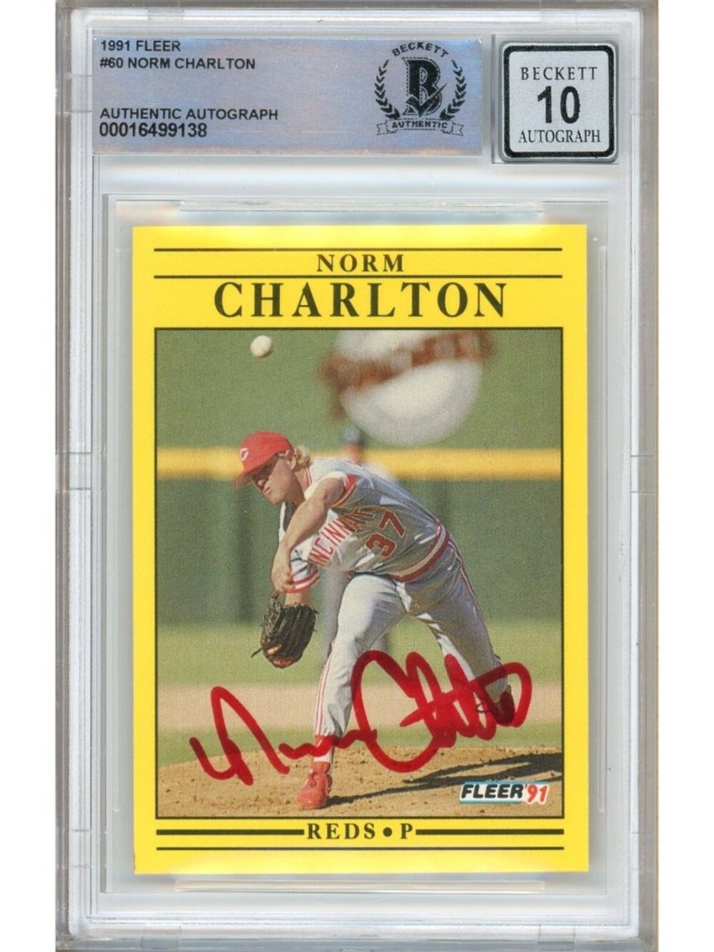 Norm Charlton Signed 1991 Fleer #60 Cincinnati Reds Beckett BAS Slab BGS Auto 10